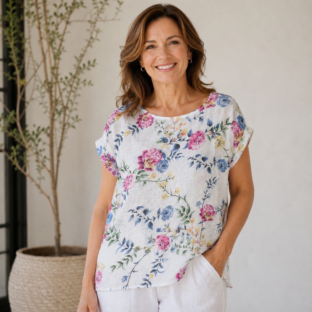 Bellambra Italy 100% Linen Floral Top Pink Blue White Short Sleeve Blouse M